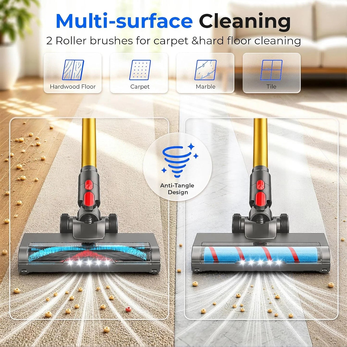 Cordless Vacuum Cleaner, 600W 55KPa Max 75mins Stick Vacuum for Pet Hair