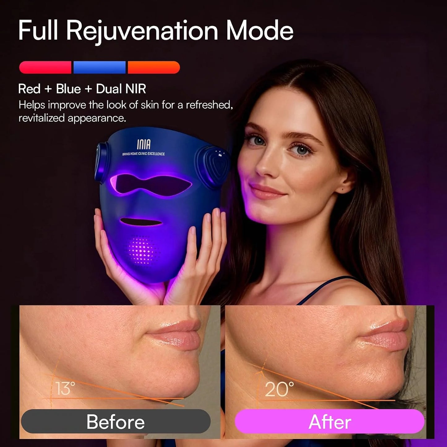 INIA GLOW 4D Wireless Red Light Therapy Mask for Face, Dual NIR, 320 LEDs