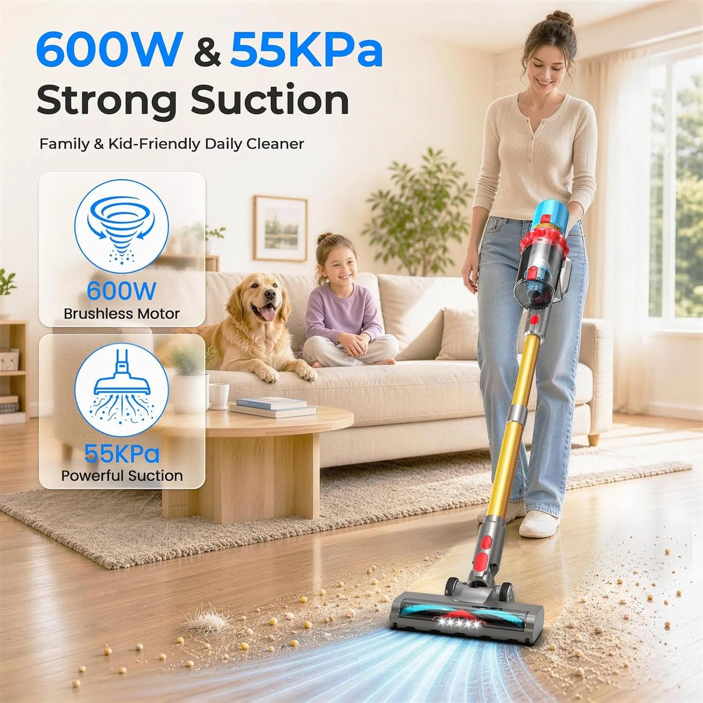 Cordless Vacuum Cleaner, 600W/55KPa/75Min Powerful Stick Vacuum Cleaner