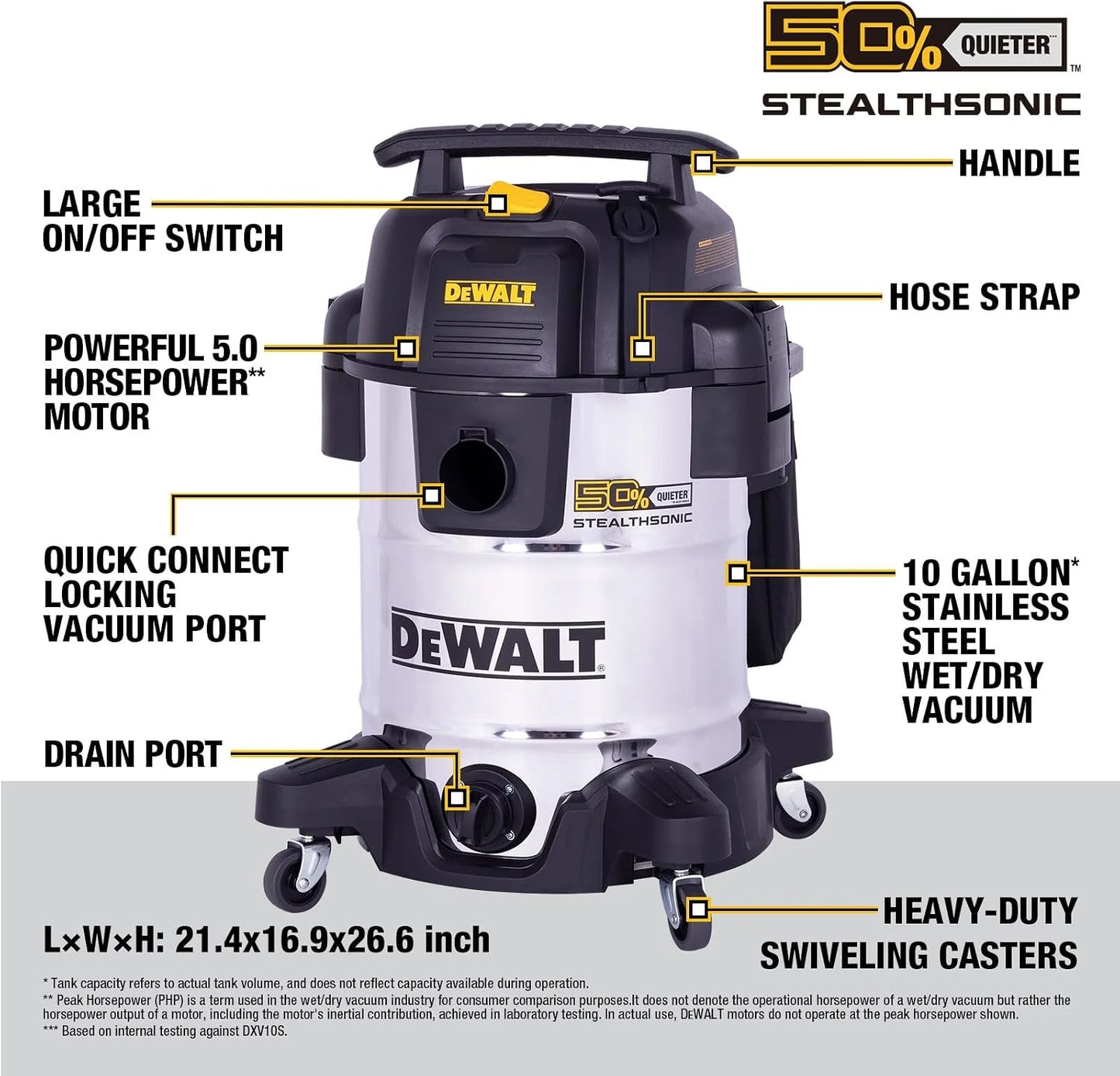 DEWALT 10 Gal Stealthsonic Shop Vacuum Wet and Dry, 5 Peak HP Heavy-Duty Stainless Steel Shop Vac, Ultra-Quiet with Complete Accessory Kit & 6 Dust Bags - Ideal for Job Sites, Workshops & Garages