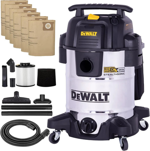 DEWALT 10 Gal Stealthsonic Shop Vacuum Wet and Dry, 5 Peak HP Heavy-Duty Stainless Steel Shop Vac, Ultra-Quiet with Complete Accessory Kit & 6 Dust Bags - Ideal for Job Sites, Workshops & Garages