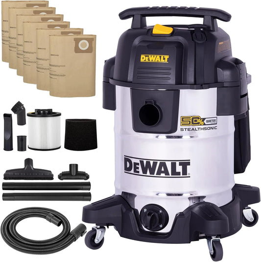 DEWALT 10 Gal Stealthsonic Shop Vacuum Wet and Dry, 5 Peak HP Heavy-Duty Stainless Steel Shop Vac, Ultra-Quiet with Complete Accessory Kit & 6 Dust Bags - Ideal for Job Sites, Workshops & Garages