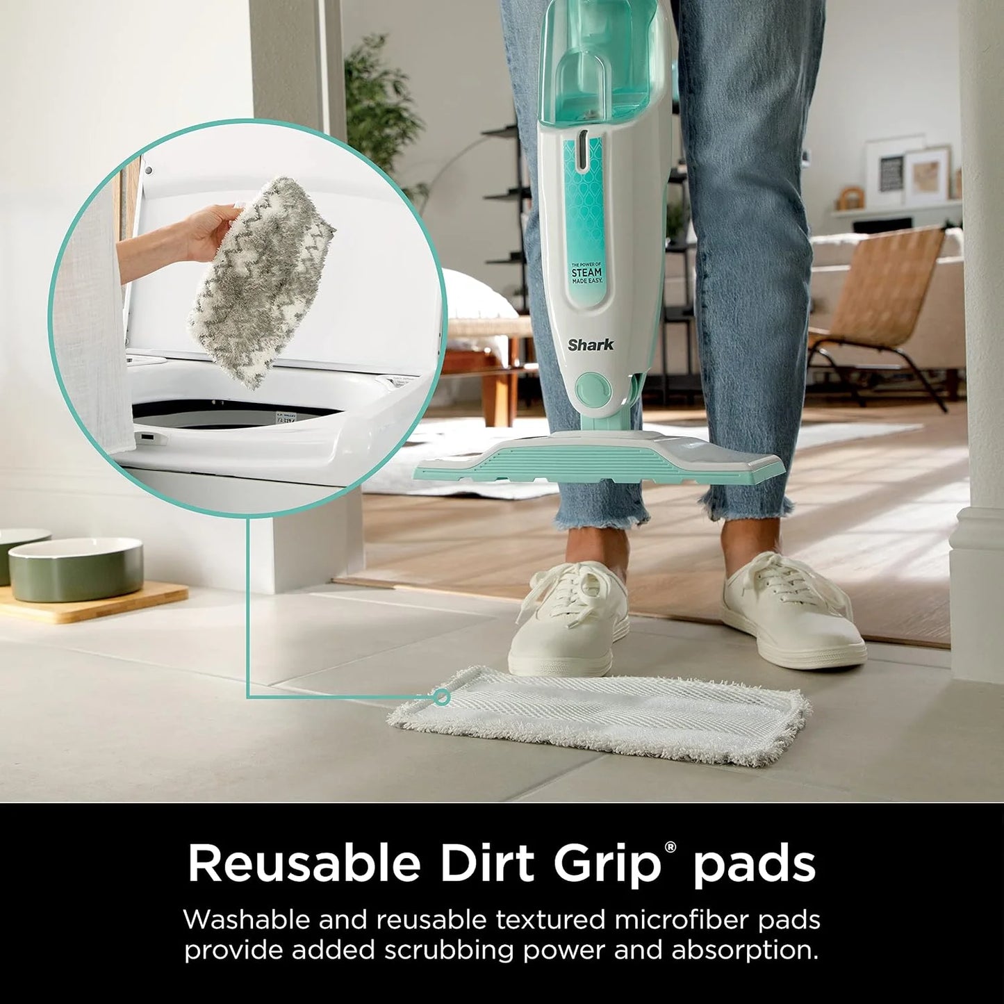 Shark Steam Mop for Sealed Hard Floors with 2 Dirt Grip Pads, White, S1000