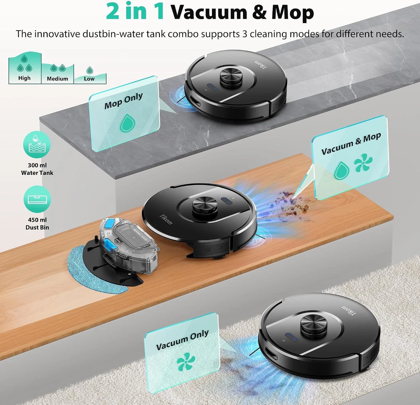 Tikom Robot Vacuum and Mop, Robotic Vacuum Cleaner with Self-Emptying Base