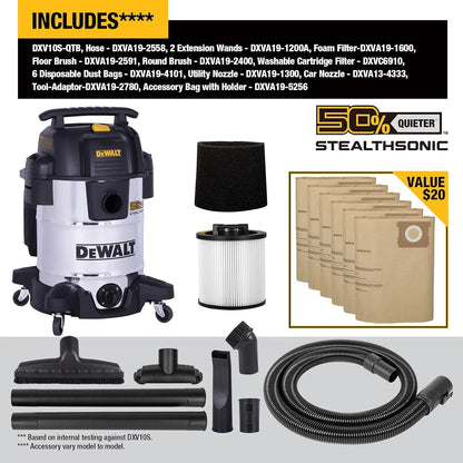 DEWALT 10 Gal Stealthsonic Shop Vacuum Wet and Dry, 5 Peak HP Heavy-Duty Stainless Steel Shop Vac, Ultra-Quiet with Complete Accessory Kit & 6 Dust Bags - Ideal for Job Sites, Workshops & Garages