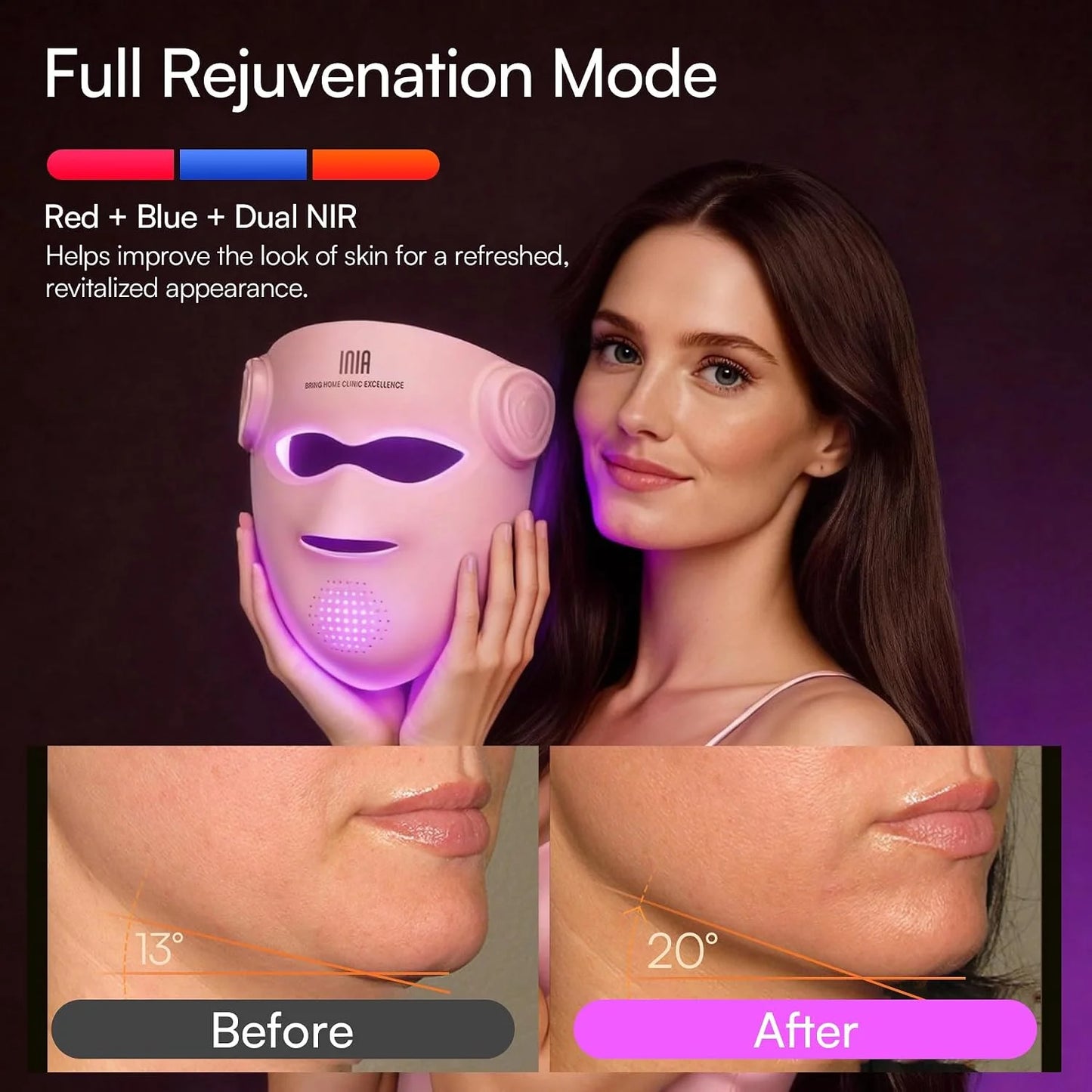 INIA GLOW 4D Wireless Red Light Therapy Mask for Face, Dual NIR, 320 LEDs