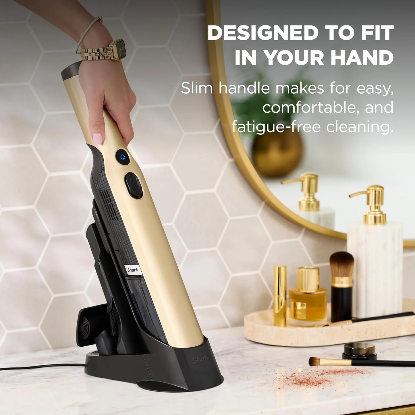 Shark WANDVAC Cordless Hand Vacuum, Lightweight & Portable at 1.4 lbs., Powerful Suction, Charging Dock, One-Touch Empty for Car & Home, French Gold, WV201GD