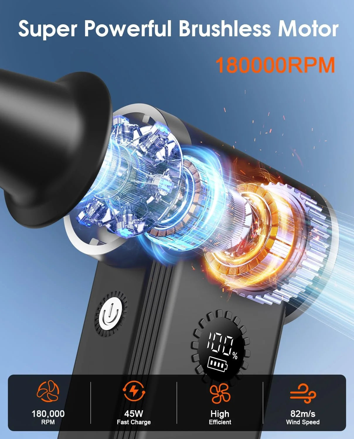 Cordless Compressed Air Duster-180000RPM, 45W Fast Charge, 4-Speed