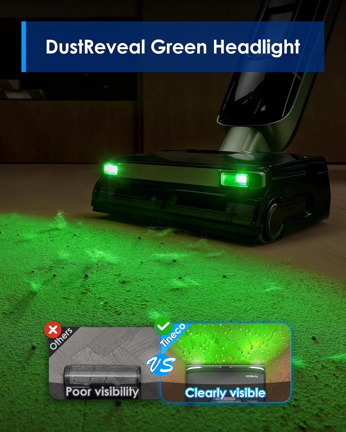 Tineco Floor ONE S7 Master Wet Dry Vacuum Cleaner, 23kPa Suction Vacuum Mop with DustReveal Green Headlight, 65 Min Runtime, 185°F Flashdry, 3.9inch Ultra-Slim Stretch Mop
