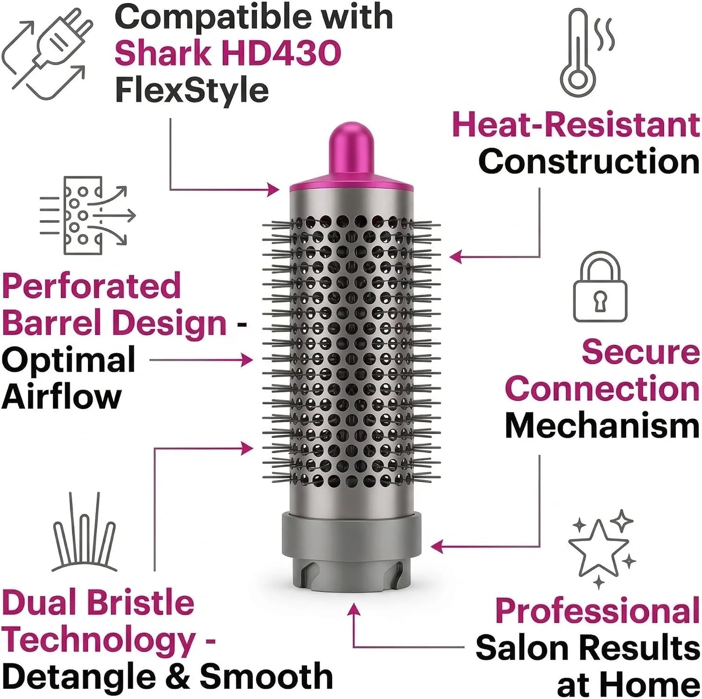 Round Brush Attachment for Shark FlexStyle Accessories, FlexStyle HD430/HD440 Series with 360° Airflow, Secure Fit No Slip Blow Dryer Attachment,for Straight, Wavy, Curly, and Coily Hair
